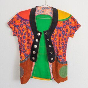 Vintage colorful funky top, polyester and suede